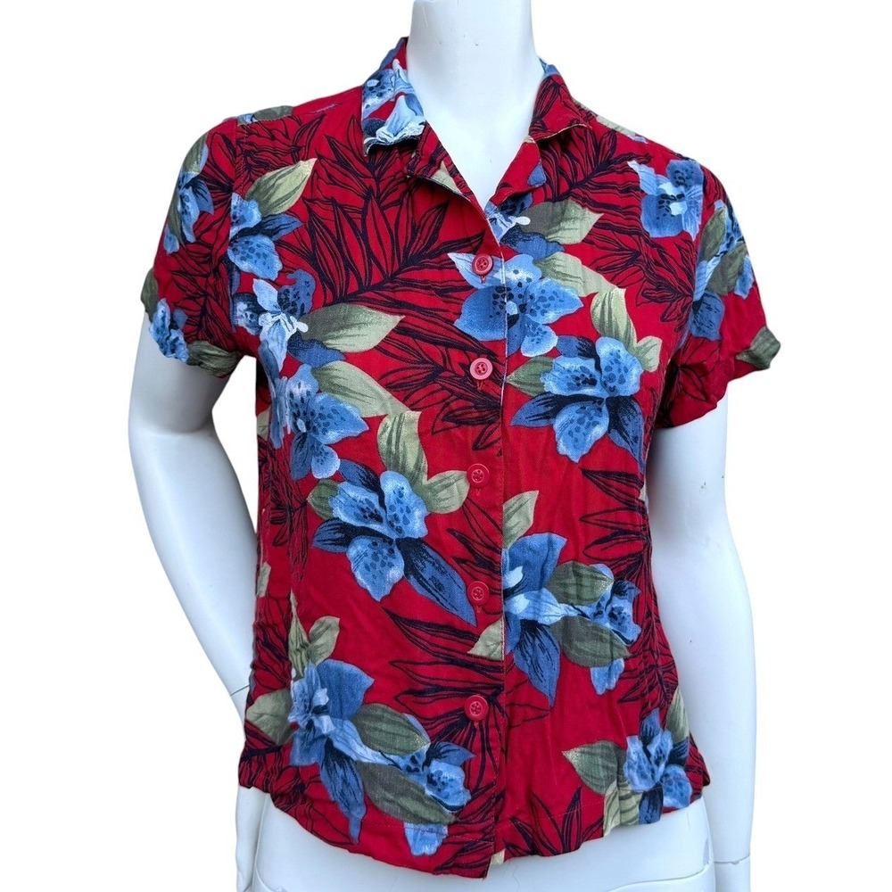White Stag Hawaiin Button Up Top Red Blue Floral Print 100% Rayon Beach Resort M